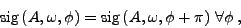 \begin{displaymath}
\mathrm{sig}\left( A,\omega ,\phi\right) = \mathrm{sig}\left( A,\omega ,\phi + \pi\right)\,\forall\phi\: ,
\end{displaymath}